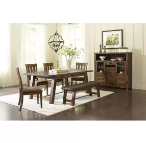 Cannon Valley Medium Brown Upholstered 5 Piece Dining Set with Bench and Nailhead Trim
