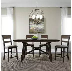 Double Bridge Dark Chestnut and Gray Upholstered 5 Piece Extendable Gathering Dining Set