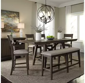 Double Bridge Dark Chestnut and Gray Upholstered 6 Piece Extendable Gathering Dining Set