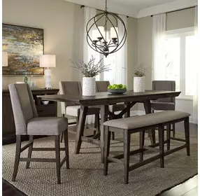 Double Bridge Dark Chestnut and Gray 6 Piece Extendable Gathering Dining Set