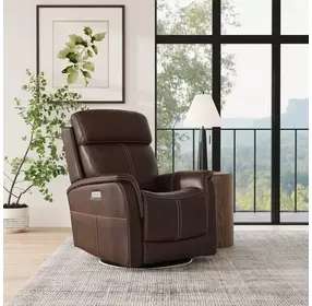 View Dark Blue Leather Swivel Power Recliner with Power Lumbar and USB Charging