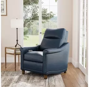 Elizabeth Dark Sea Blue Leather Power Recliner with Nailhead Trim and USB Charging