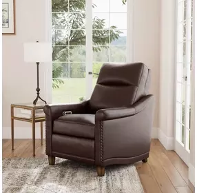Elizabeth Brunette Brown Leather Power Recliner with Nailhead Trim and USB Charging