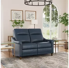 Elizabeth Dark Sea Blue Leather 58" Power Reclining Loveseat with Nailhead Trim and USB Charging