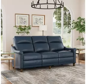 Elizabeth Dark Sea Blue Leather 82" Power Reclining Sofa with Nailhead Trim and USB Charging