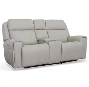 Barnett Cream Leather Power Reclining Console Loveseat With Power Headrest And Lumbar