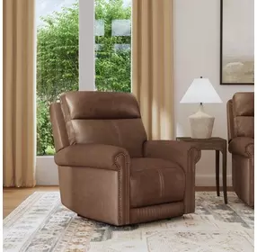 Alexander Weathered Khaki Brown Leather Zero Gravity Triple Power Recliner with USB Charging and Nailhead Trim