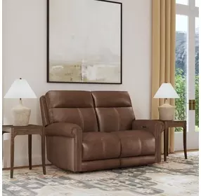 Alexander Weathered Khaki Brown Leather 64" Zero Gravity Triple Power Reclining Loveseat with USB Charging and Nailhead Trim