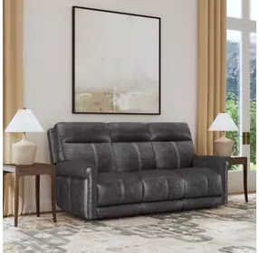 Alexander Weathered Stone Gray Leather 87" Zero Gravity Triple Power Reclining Loveseat with USB Charging and Nailhead Trim