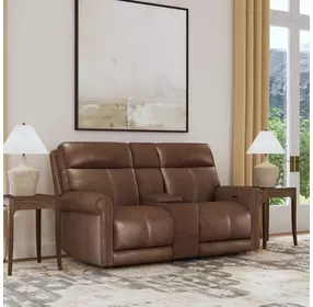 Alexander Weathered Khaki Brown Leather 76" Zero Gravity Triple Power Reclining Loveseat with USB Charging and Nailhead Trim