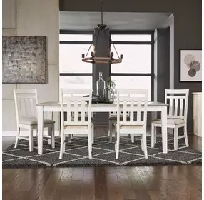 Meadowbrook Soft White Wash and Wirebrushed Gray Upholstered 7 Piece Extendable Rectangular Dining Set