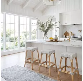 Tobias White And Sky Blue Dot Rattan Bar Stool