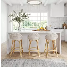 Tobias Beige and White Low Back Rattan Stool