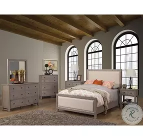 Classic Light Distressed Gray Queen Upholstered Panel Bed
