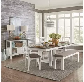 Bayview Textured White and Carbon Gray Upholstered 6 Piece Extendable Dining Set