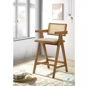 Kane Light Walnut And Woven Rattan Back Bar Stool Set of 2