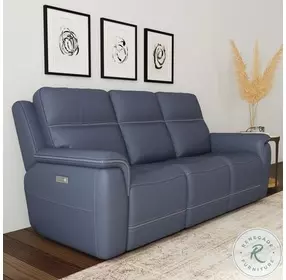 Sawyer Marine Blue Leather Power Reclining Sofa With Power Headrest And Lumbar