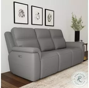Sawyer Light Gray Leather Power Reclining Sofa With Power Headrest And Lumbar