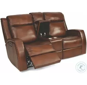Mustang Brown Leather Power Reclining Console Loveseat With Power Headrest And Footrest