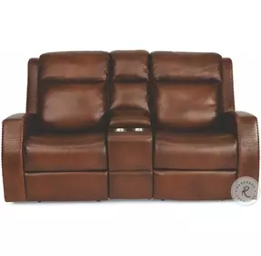 Mustang Brown Leather Power Reclining Console Loveseat With Power Headrest And Footrest