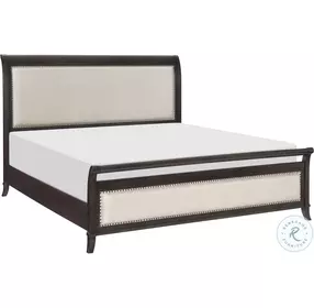 Hebron Dark Cherry And Beige Upholstered Sleigh Bedroom Set