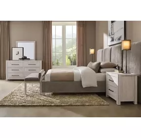 Joinery Espresso Oak and Brindle Gray Performance Fabric Queen Upholstered Wall Panel Bed