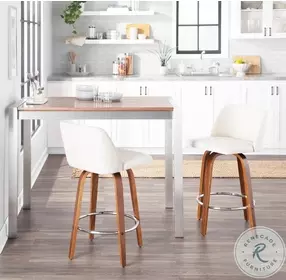 Toriano Walnut And Cream Fabric With Round Chrome Footrest Counter Height Stool Set Of 2