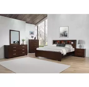 Jessica Cappuccino California King Storage Panel Bed with Bookcase and LED