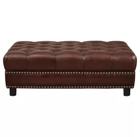 Alwick Caramel Leather Upholstered Rectangular Ottoman with Nailhead Trim