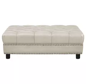Alwick Vanilla Leather Upholstered Rectangular Ottoman with Nailhead Trim
