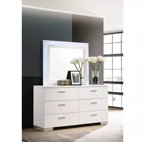 Felicity White High Gloss 6 Drawer Dresser with LED Mirror