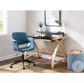 Tray Blue Fabric And Natural Wood Nesting Ottoman Set of 2