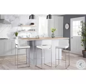 Fuji White PU And Stainless Steel High Back Bar Stool Set of 2