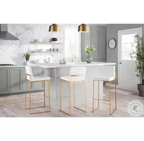 Fuji White Velvet And Gold Steel High Back Bar Stool Set of 2