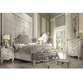 Versailles Vintage Gray and Bone White Queen Upholstered Panel Bed with Nailhead Trim