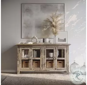 Rustic Shores Grey Wash 4 Door Low Accent Cabinet