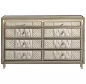 Lorient Ivory Upholstered 8 Drawer Dresser with LED Light