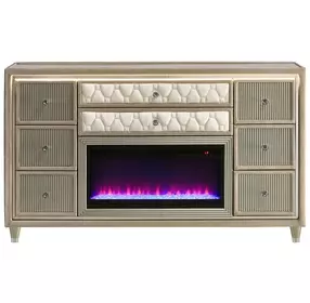 Lorient Ivory Upholstered 8 Drawer Flame Box Dresser with LED Light