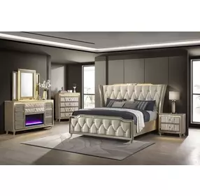 Lorient Ivory Upholstered 8 Drawer Flame Box Dresser with LED Light