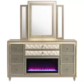 Lorient Ivory Upholstered 8 Drawer Dresser and Mirror with LED Light