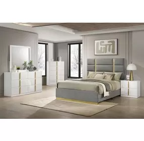 Ines Gray and Gold Queen Upholstered Panel Bed