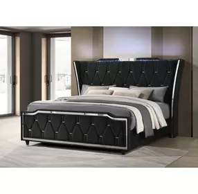 Lorient Black King Upholstered Panel Bed with LED