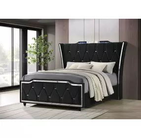 Lorient Black Queen Upholstered Panel Bed with LED