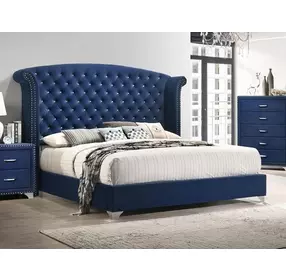 Melody Pacific Blue Queen Upholstered Panel Bed with Nailhead Trim