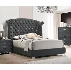 Melody Grey Queen Upholstered Panel Bed with Nailhead Trim
