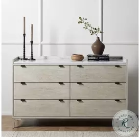 Viggo Vintage White Oak And Italian White Marble 6 Drawer Dresser