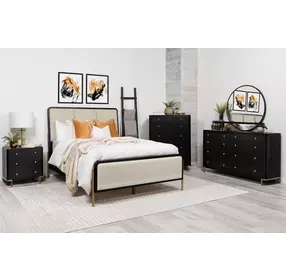 Arini Black and Cream California King Upholstered Panel Bed