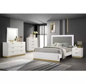 Caraway White and Gray California King Upholstered Panel Bed with LED