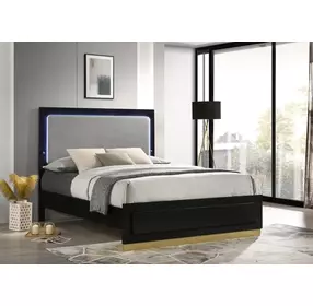 Caraway Black and Gray California King Upholstered Panel Bed with LED