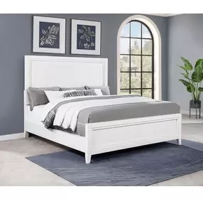 Marielle Distressed White King Upholstered Panel Bed